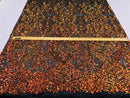 4 Way Stretch - Orange Black Mesh - Iridescent Sequins Damask Net Pattern Fabric  - Sold By The Yard