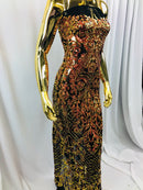 4 Way Stretch - Orange Black Mesh - Iridescent Sequins Damask Net Pattern Fabric  - Sold By The Yard