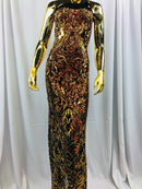 4 Way Stretch - Orange Black Mesh - Iridescent Sequins Damask Net Pattern Fabric  - Sold By The Yard
