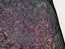 4 Way Stretch - Magenta Black Mesh Iridescent Sequins Damask Net Pattern Fabric - Sold By The Yard