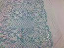 4 Way Stretch - Baby Blue - Iridescent Sequins Damask Net Pattern Fabric  - Sold By The Yard