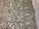 Silver Beaded Fabric Embroidered On A Mesh Fancy Dresses Fabric Sold By The Yard