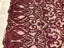 Burgundy Beaded Fabric Embroidered On A Mesh Lace Fancy Dress Fabric Sold By The Yard
