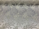 Beaded -Ivory- Fancy Flower Design Sequins Fabric with Beads Sold By The Yard