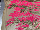 Two Tone - Hot Pink / Gold -  4 Way Stretch Sequins Fabric Embroidered On (Nude Mesh) Sold By Yard