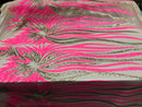 Two Tone - Hot Pink / Gold -  4 Way Stretch Sequins Fabric Embroidered On (Nude Mesh) Sold By Yard