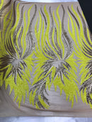 Two Tone - Yellow / Gold -  4 Way Stretch Sequins Fabric Embroidered On (Nude Mesh) Sold By Yard