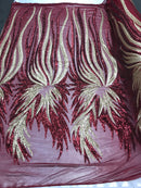 Two Tone - Burgundy / Gold -  4 Way Stretch Sequins Fabric Embroidered On (Nude Mesh) Sold By Yard
