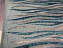 Two Tone - Teal / Gold -  4 Way Stretch Sequins Fabric Embroidered On (Nude Mesh) Sold By Yard