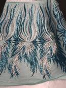 Two Tone - Teal / Gold -  4 Way Stretch Sequins Fabric Embroidered On (Nude Mesh) Sold By Yard
