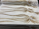 Two Tone - White / Gold -  4 Way Stretch Sequins Fabric Embroidered On Mesh Sold By Yard