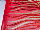 Two Tone - Red/Gold - 4 Way Stretch Sequins Fabric Embroidered On Mesh By Yard