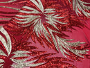 Two Tone - Red/Gold - 4 Way Stretch Sequins Fabric Embroidered On Mesh By Yard