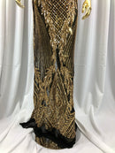 Sequins 4 Way Stretch Shiny Fabric with Triangle Net Pattern - Gold On Black Mesh - Sold by The Yard