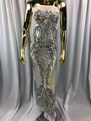 Sequins 4 Way Stretch Shiny Fabric with Triangle Net Pattern - Silver - Fabric Sold by The Yard