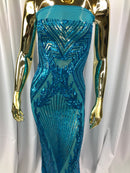 Sequins 4 Way Stretch Shiny Fabric with Triangle Net Pattern - Turquoise  - Fabric Sold by The Yard