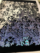 Velvet 4 Way Stretch Shiny Irreversible Sequins Fabric - Iridescent Aqua/White on Black Velvet