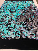 Velvet 4 Way Stretch Shiny Irreversible Sequins Fabric - Iridescent Aqua/White on Black Velvet