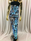 Velvet 4 Way Stretch Shiny Irreversible Sequins Fabric - Iridescent Aqua/White on Black Velvet