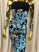 Velvet 4 Way Stretch Shiny Irreversible Sequins Fabric - Iridescent Aqua/White on Black Velvet