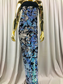 Velvet 4 Way Stretch Shiny Irreversible Sequins Fabric - Iridescent Aqua/White on Black Velvet