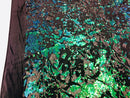 Velvet 4 Way Stretch Shiny Irreversible Sequins Fabric - Jade Blue Green with Matte Black Sequins