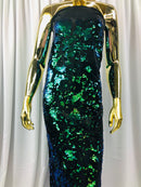 Velvet 4 Way Stretch Shiny Irreversible Sequins Fabric - Jade Blue Green with Matte Black Sequins