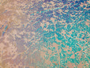 Velvet 4 Way Stretch Shiny Irreversible Sequins Fabric - Iridescent Aqua/White Ivory Velvet