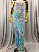 Velvet 4 Way Stretch Shiny Irreversible Sequins Fabric - Iridescent Aqua/White Ivory Velvet