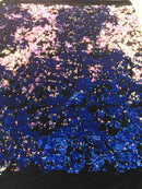 Velvet 4 Way Stretch Shiny Irreversible Sequins Fabric - Iridescent Royal Blue on Black Velvet