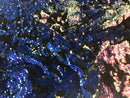 Velvet 4 Way Stretch Shiny Irreversible Sequins Fabric - Iridescent Royal Blue on Black Velvet
