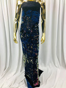 Velvet 4 Way Stretch Shiny Irreversible Sequins Fabric - Iridescent Royal Blue on Black Velvet