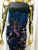 Velvet 4 Way Stretch Shiny Irreversible Sequins Fabric - Iridescent Royal Blue on Black Velvet