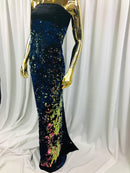 Velvet 4 Way Stretch Shiny Irreversible Sequins Fabric - Iridescent Royal Blue on Black Velvet