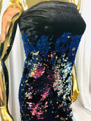 Velvet 4 Way Stretch Shiny Irreversible Sequins Fabric - Iridescent Royal Blue on Black Velvet