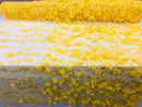 Flower 3D Fabric - Yellow - Embroided Fabric Flower Pearls and Leaf Decor Sold by The Yard