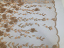Flower 3D Fabric - Champagne  - Embroided Fabric Flower Pearls and Leaf Decor Sold by The Yard