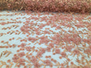 Flower 3D Fabric - Pink - Embroided Fabric Flower Pearls and Leaf Decor Sold by The Yard