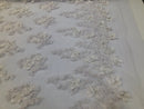 Floral 3D - Off-White Beaded Embroided Pattern with Pearls High Quality Fabric Sold by The Yard
