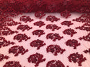 Floral 3D - Burgundy Beaded Embroided Pattern with Pearls High Quality Fabric Sold by The Yard