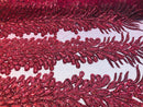 Peacock Feathers Burgundy Beaded Peacock Feathers Embroider On A Mesh Dress-Prom-Gown By 2 Feathers