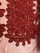 Peacock Feathers Red Beaded Peacock Feathers Embroider On A Mesh Dress-Prom-Gown By 2 Feathers