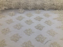Beaded Fabric By The Yard Ivory Embroidered Pattern Beaded On A Mesh For Bridal Veil Flower Wedding