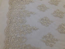 Beaded Fabric By The Yard Ivory Embroidered Pattern Beaded On A Mesh For Bridal Veil Flower Wedding
