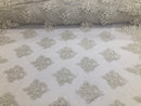 Beaded Fabric By The Yard Of White Embroidered Pattern Beaded On A Mesh For Bridal Veil  Wedding