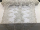 Beaded Fabric By The Yard Of White Embroidered Pattern Beaded On A Mesh For Bridal Veil  Wedding