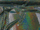 Honeycomb Foil Fabric - Iridescent Silver - Hexagon Print On Black Spandex Fabric