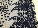 Navy Blue - Mini 3D Flower Embroidered Mesh Sequins And Beaded Fabric Sold By The Yard