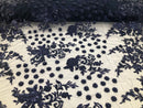 Navy Blue - Mini 3D Flower Embroidered Mesh Sequins And Beaded Fabric Sold By The Yard