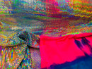 Honeycomb Foil Fabric - Iridescent Silver - Hexagon Print On Pink / Blue Spandex Fabric